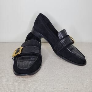 VINCE CAMUTO Cenkanda Gold Buckle Loafer Black Leather Suede Embossed Flats 6.5